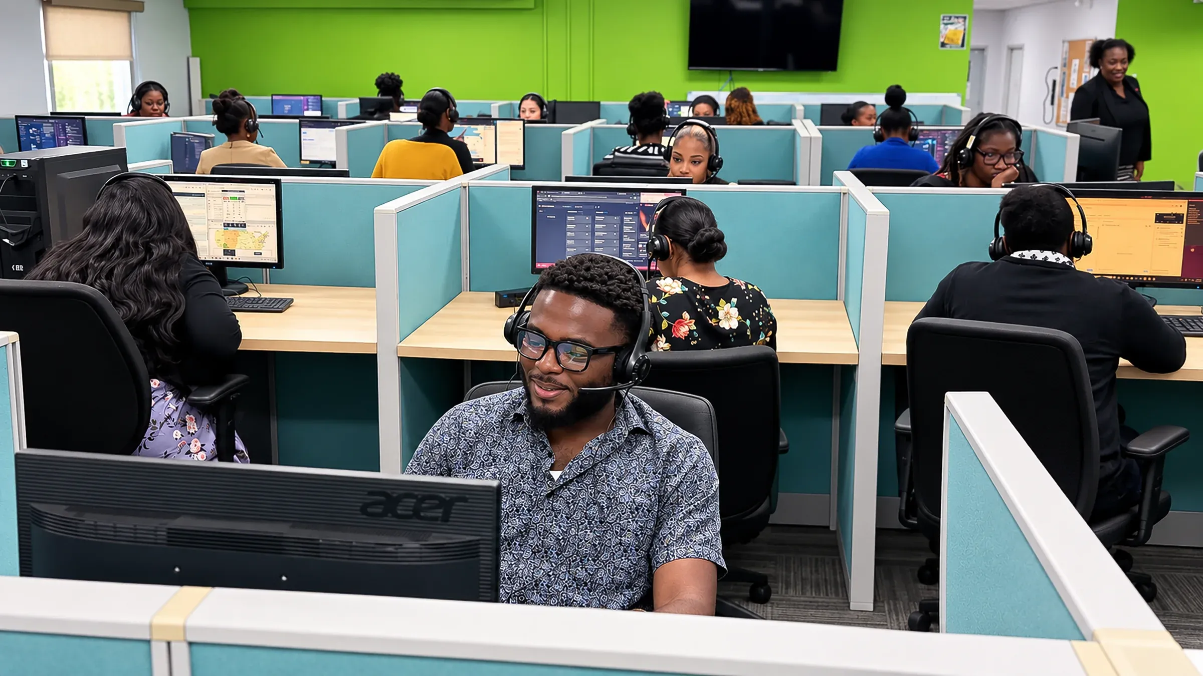 CallServ employees working across the contact centre floor in Trinidad.