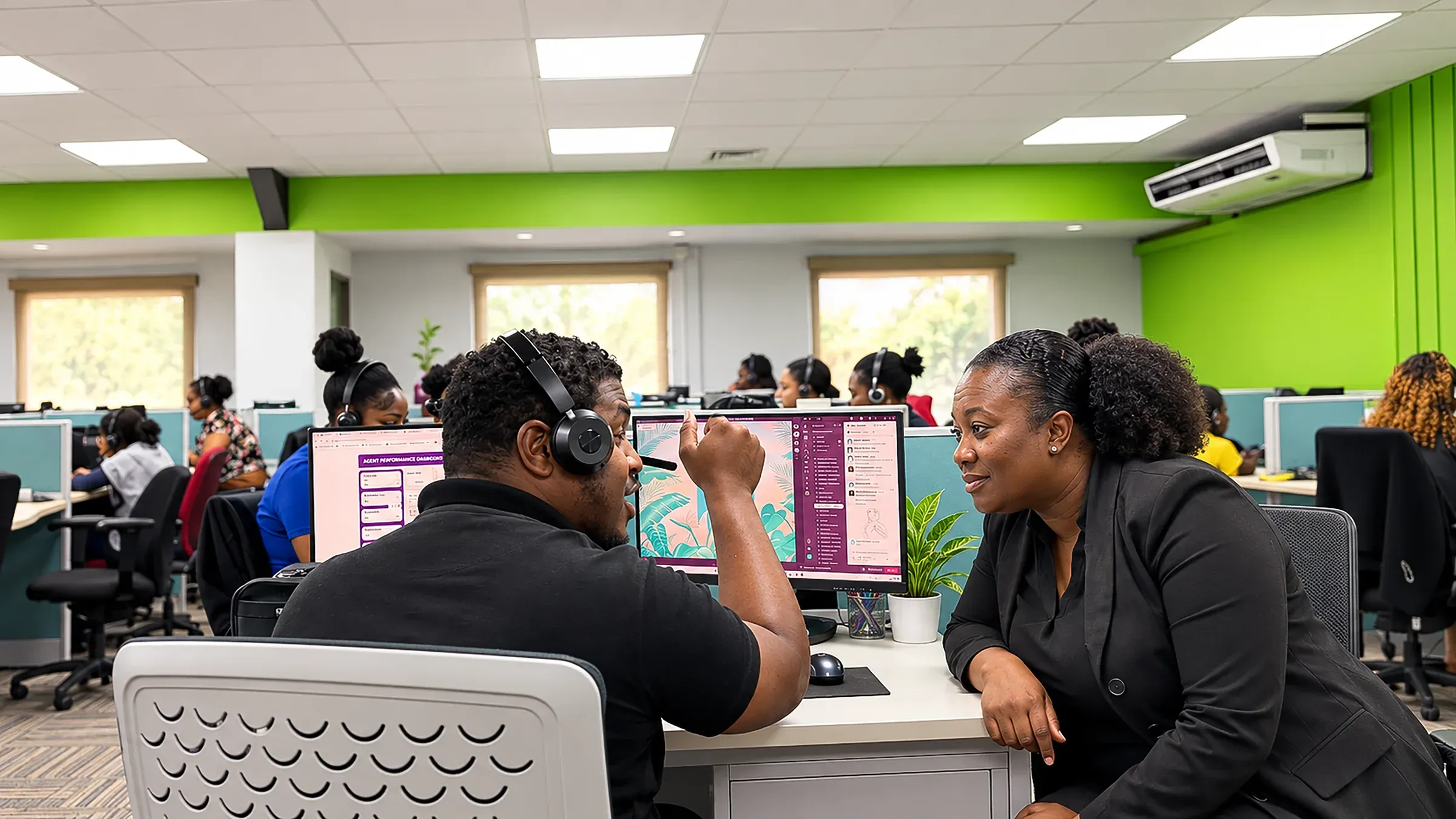 A CallServ team leader going through an agent performance dashboard with an agent at his desk on the operations floor.